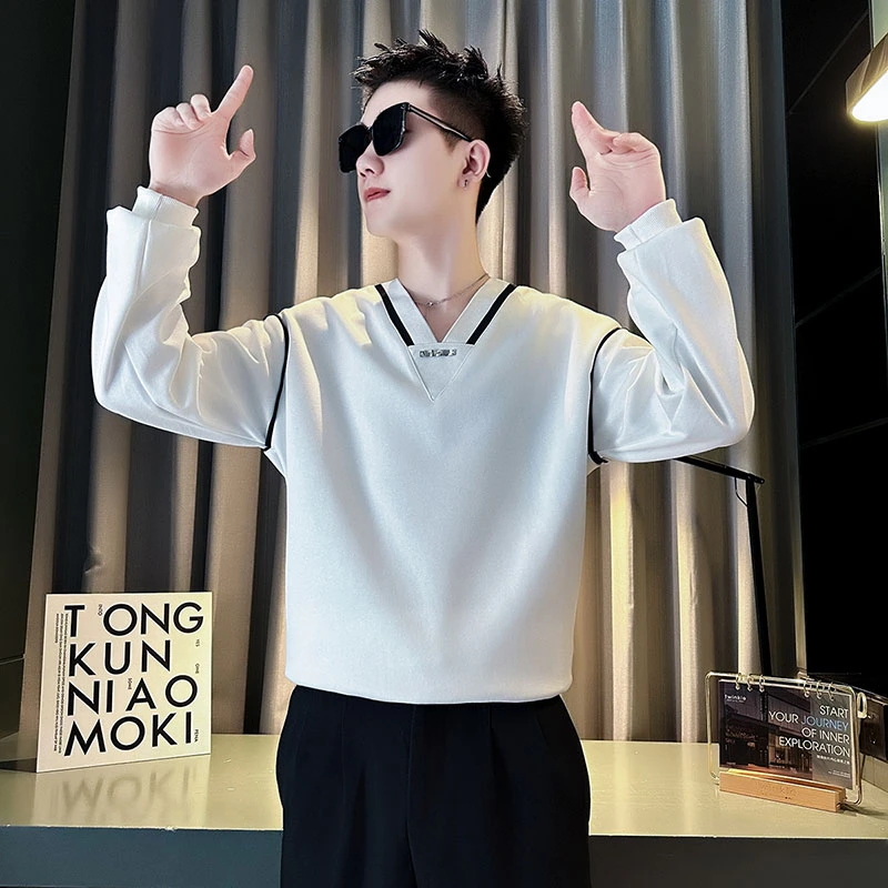 青少年V领卫衣男秋季2024新款高级感拼色长袖打底衫潮牌男装外套