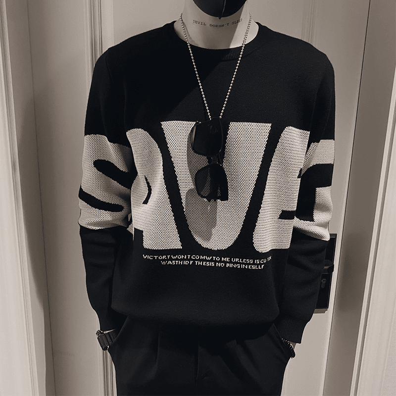 字母提花毛衣男秋冬季加厚内搭线衣2023新款潮牌重新打底针织衫男