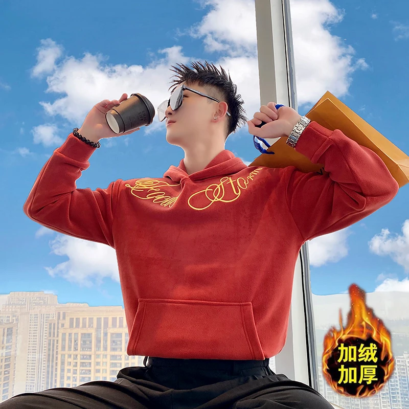 连帽加绒卫衣男款秋冬季2024新款设计感潮牌痞帅刺绣外套休闲上衣