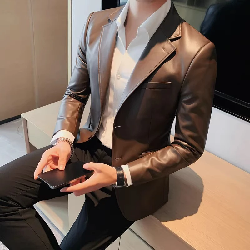 男士百搭皮衣西装外套春秋季2024新款高级感痞帅修身休闲皮夹克潮