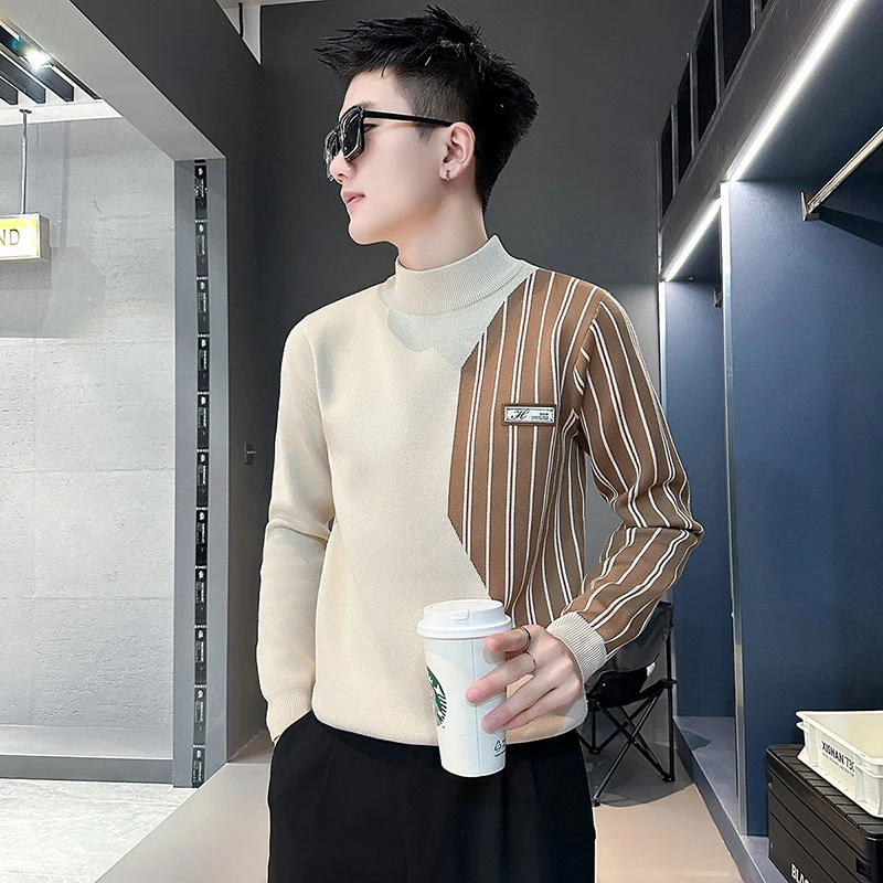 高级感拼接毛衣男半高领打底衫长袖修身内搭2023新款秋冬款针织衫