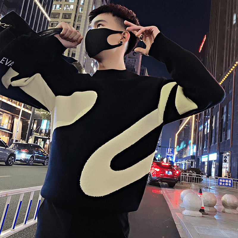 设计感拼接毛衣男潮牌黑色打底衫圆领长袖内搭2023新款加厚针织衫