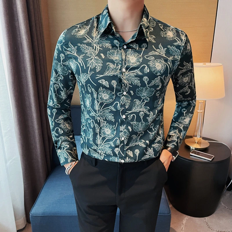 秋季新款高端男士百搭长袖衬衫休闲时尚潮流碎花痞帅韩版修身衬衣