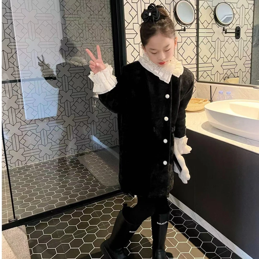 女童2023珍珠花边毛呢外套长款小香风夹棉加厚秋冬装中大童大衣