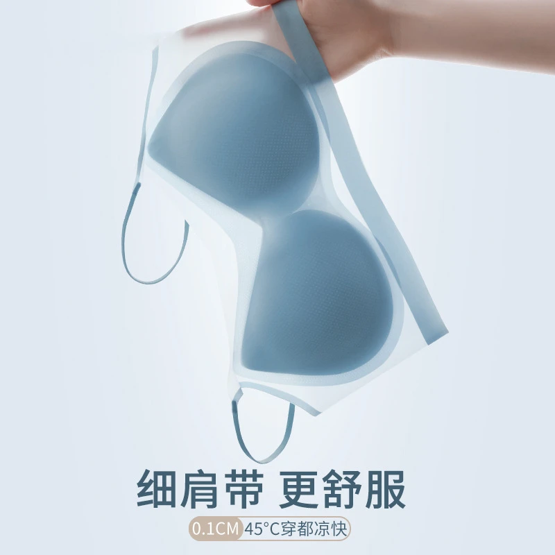 夏日新款冰丝超薄透气无痕内衣女大胸显小背心式固定杯睡眠文胸罩