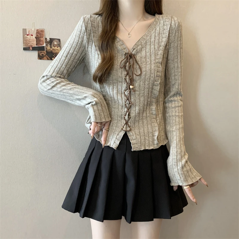 美式复古绑带设计感修身显瘦甜美长袖针织衫上衣女