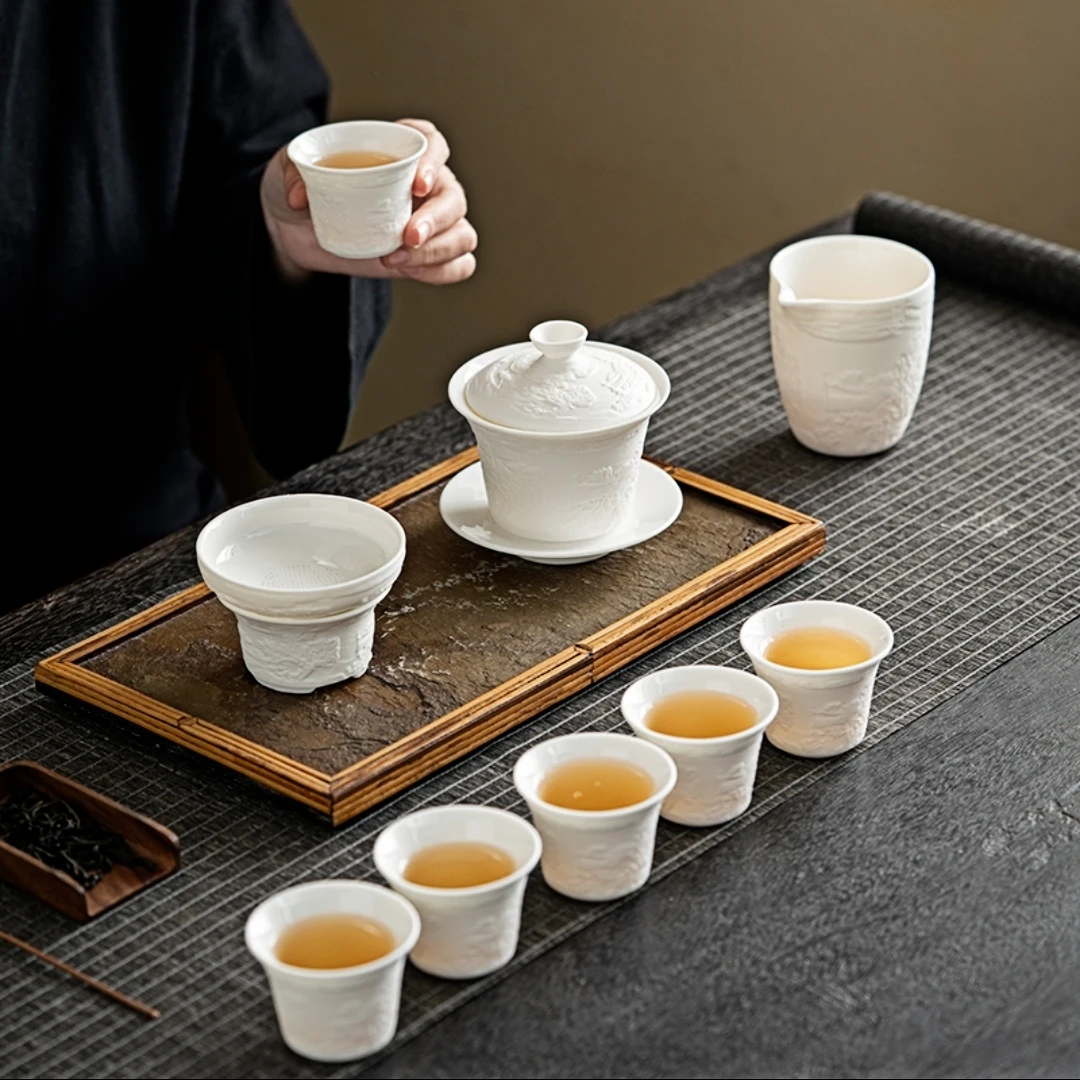 清明上河图茶具套组纯白浮雕茶杯简约中式白功夫茶具茶器（无礼盒）