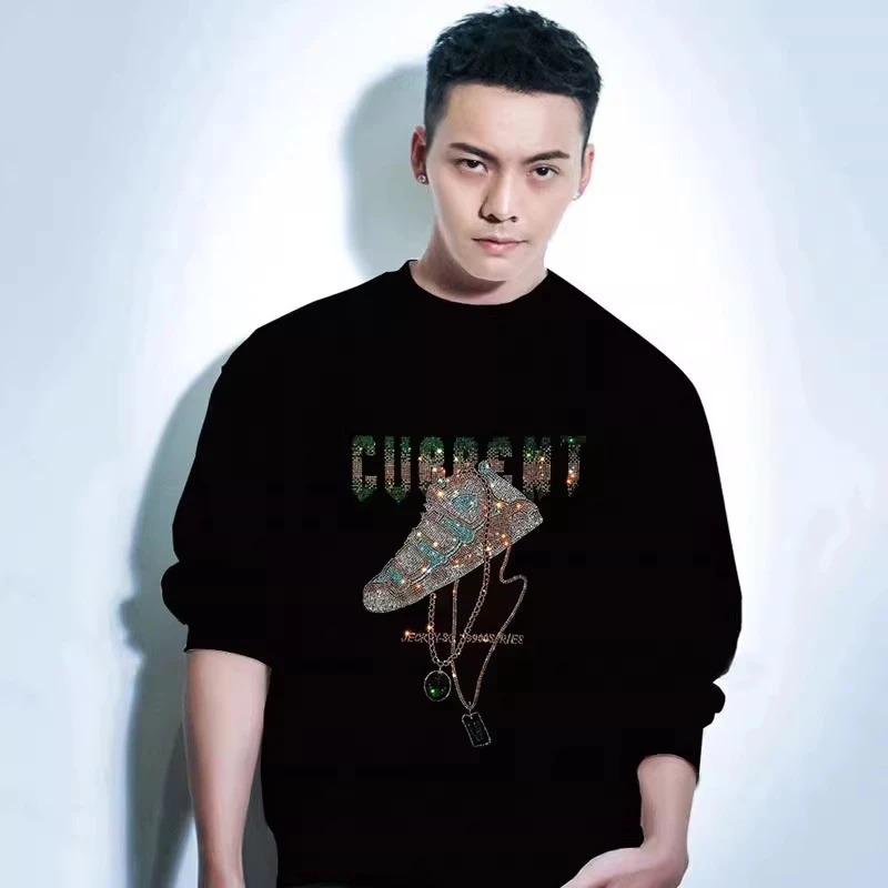 MrAC男装潮牌轻奢黑色烫钻长袖T恤男士卫衣秋冬款宽松加厚打底衫