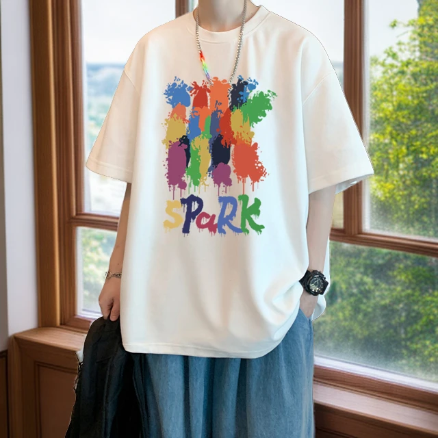 MrAc短袖T恤男夏季潮流男装新款宽松半袖上衣纯棉彩色涂鸦印花衫T