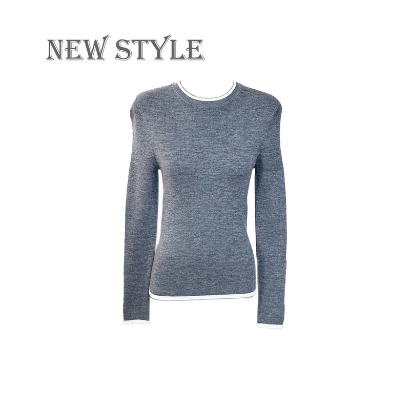 白边圆领羊毛打底衫长袖针织时尚百搭女士羊绒修身保暖休闲Q秋冬