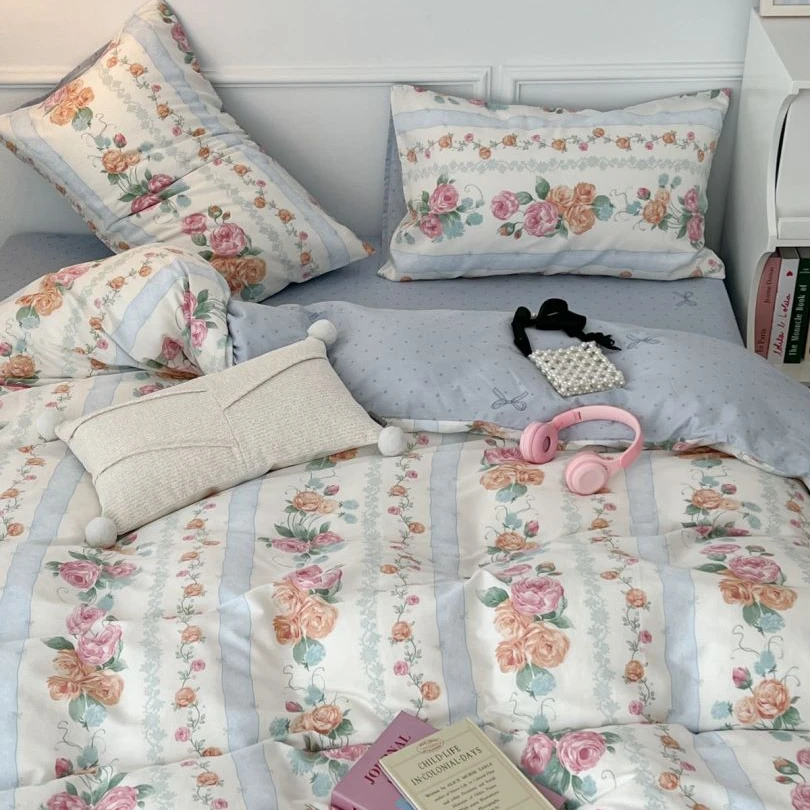 【竖条蔷薇花】纯棉四件套100%全棉2024新款小清新床上用品