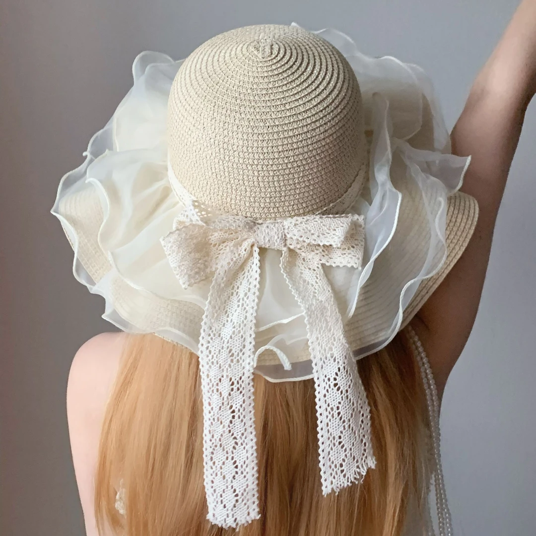 遮阳太阳帽百搭夏季蕾丝草帽温柔旅行度假大帽檐防晒帽子网红款