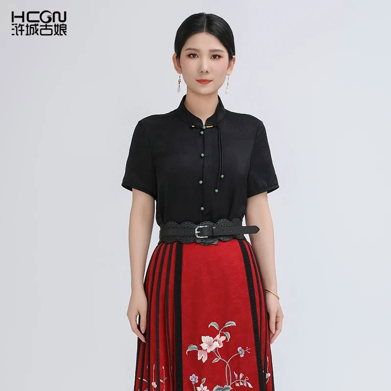 浒城古娘新中式国风漂亮君乐短袖小衫女时尚气质衬衣-BCL181096