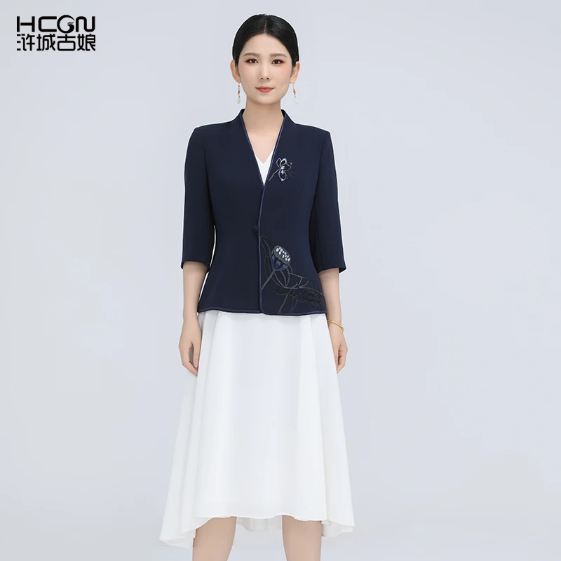 浒城古娘夏醋酸面料国风清禾西服套装女两件套BCL181076+BCL17955
