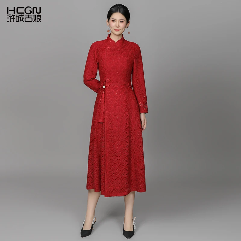 中国风气质刺绣优雅流苏修身显瘦女百搭木兰香蕾丝连衣裙ACL11521