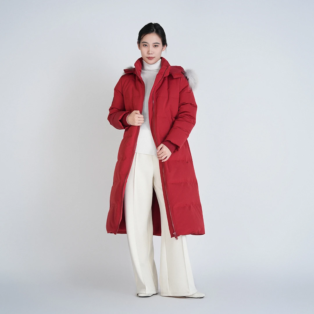 中国风加厚白鸭绒保暖长款连帽女舒适朱雀入梦长款羽绒服DCL11578