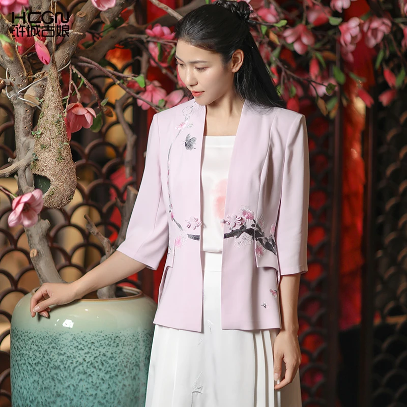 夏季新中式薄款国风修身粉色小西装青梅醋酸西服外套女士BMT18829