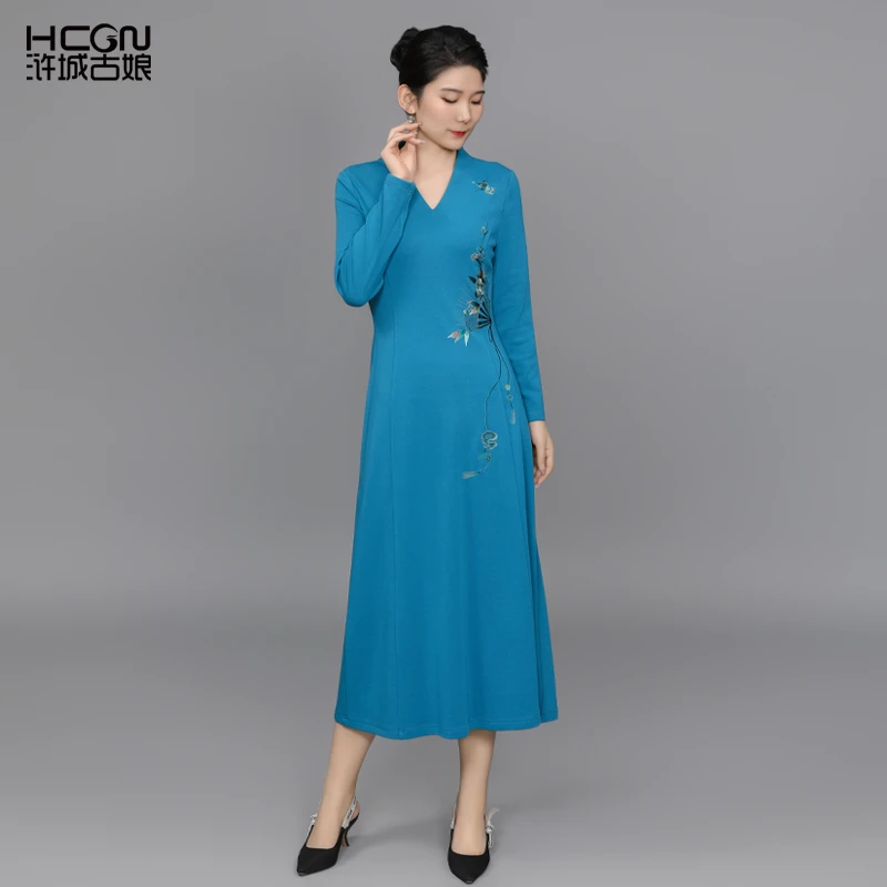 棉质中国风精致刺绣长袖V领女装连衣裙显瘦静梅连衣裙DMT17855