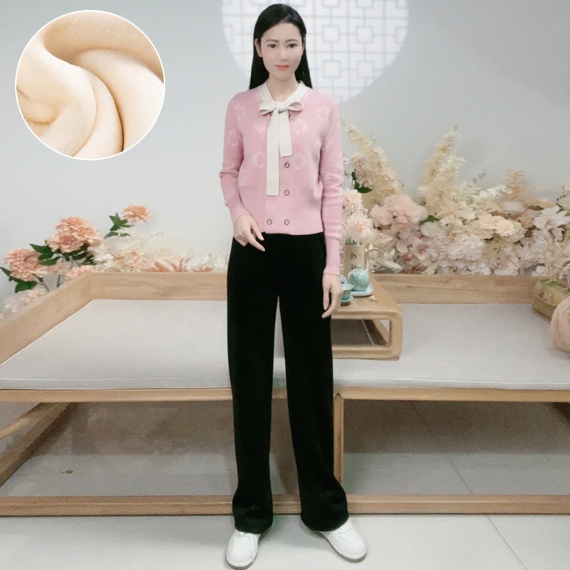 浒城古娘时尚休闲百搭白色气质宽松长裤直筒加绒条纹女士裤子-235