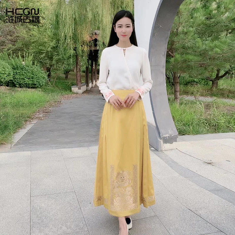 浒城古娘复古长裙刺绣A版百搭舒适百褶裙瑞龙云海马面裙-21C19117