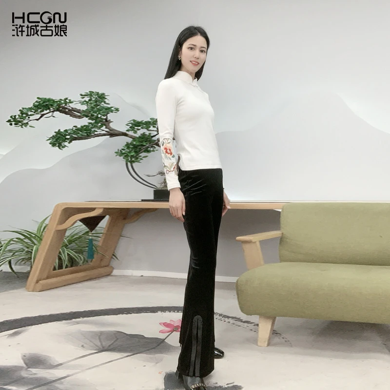 浒城古娘中式国风时尚休闲百搭显瘦修身福海苑丝绒长裤-21C19150