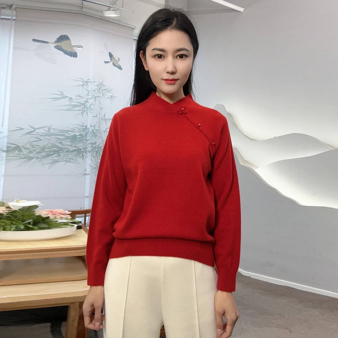 100绵羊毛国风盘扣舒适百搭上衣长袖保暖秋冬新款女毛衣WG1023136
