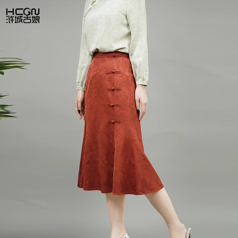 中式精致印花时尚通勤A字显瘦气质盘扣鱼尾长款玉茗半裙CMT19611