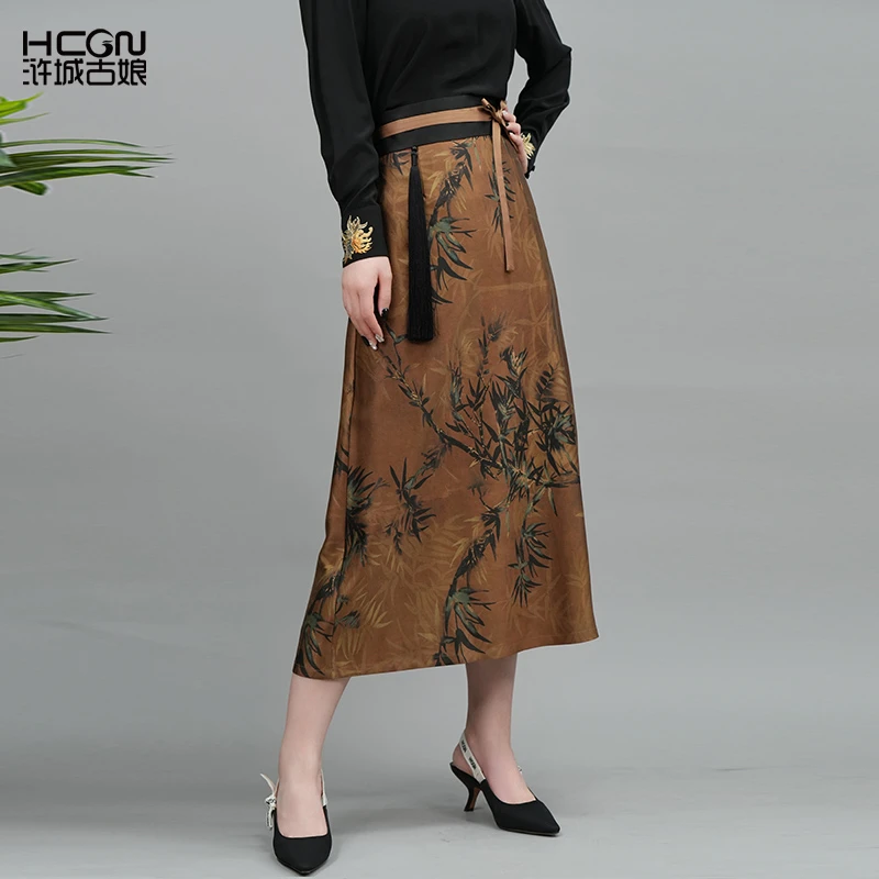 浒城古娘中式国风气质时尚女显瘦桑蚕丝墨竹香云纱半裙-22B19257