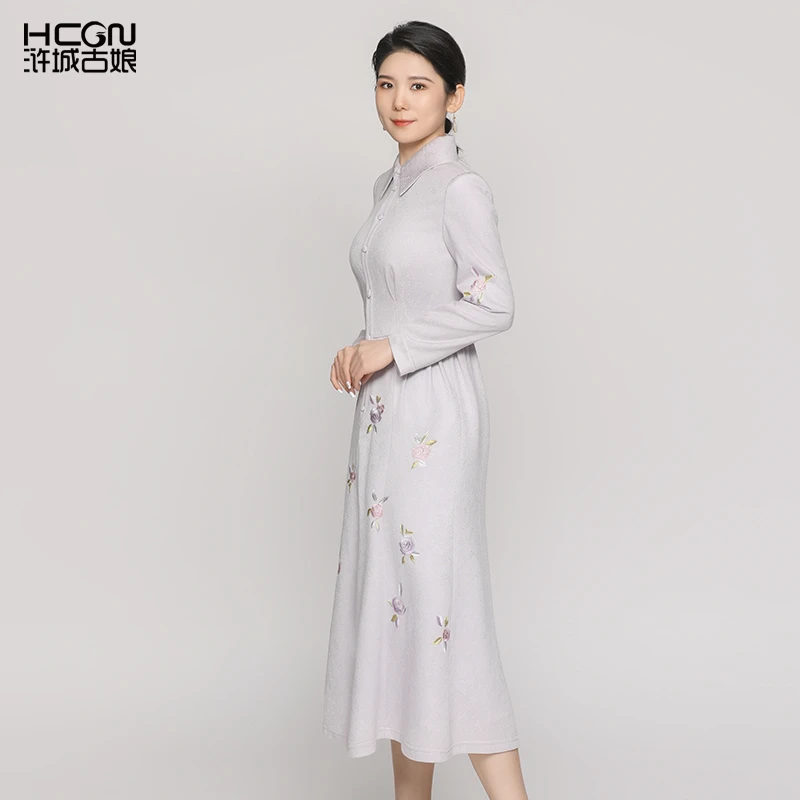 浒城古娘绵羊毛灰紫色中式气质优雅复古长袖女昕然连衣裙CMT11330