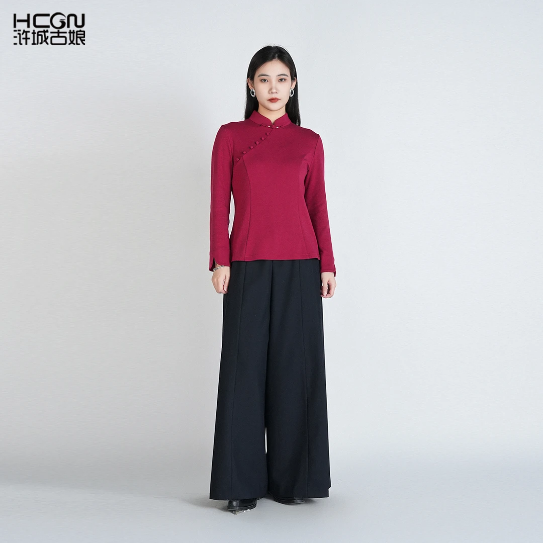 hcgn国风早春立领长袖修身显瘦纯色通勤瑾瑜中式上衣HASS180006