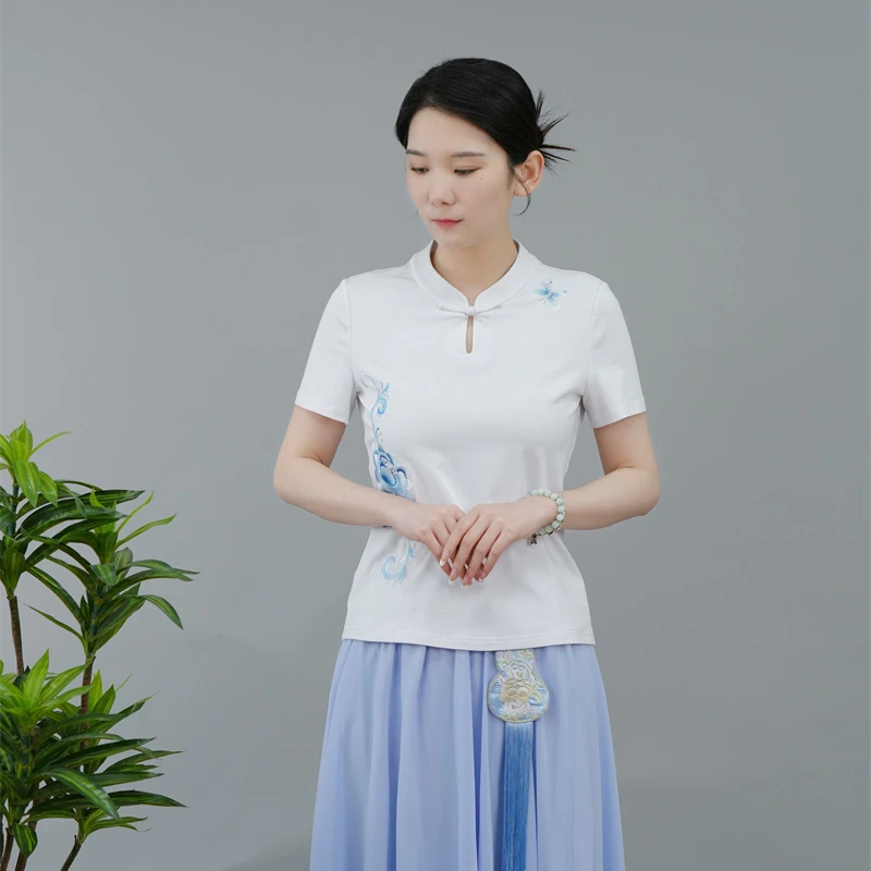 浒城古娘中式国风女装修身立领棉质芳云白色短袖T恤上衣BMT18768