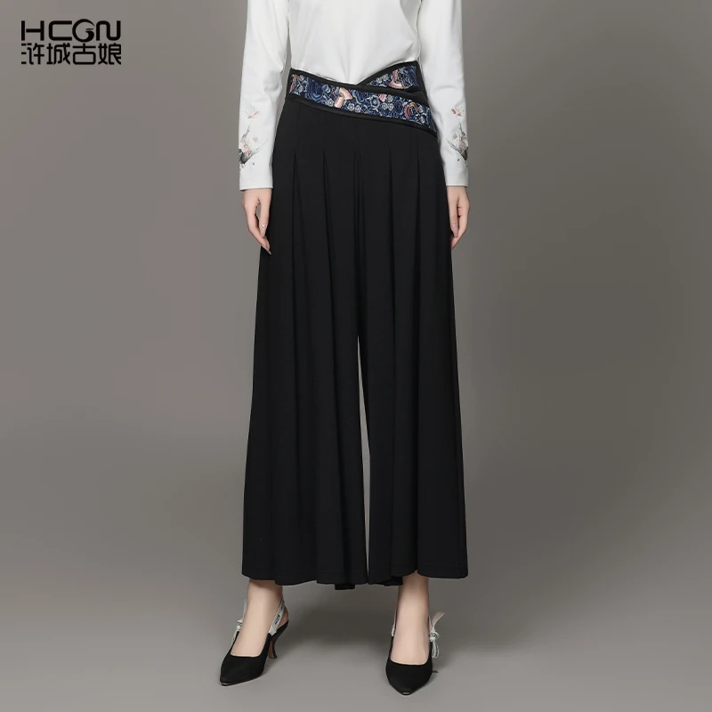 浒城古娘中式国风日常休闲百搭时尚气质简约花蝶罗马裙裤-20C1938