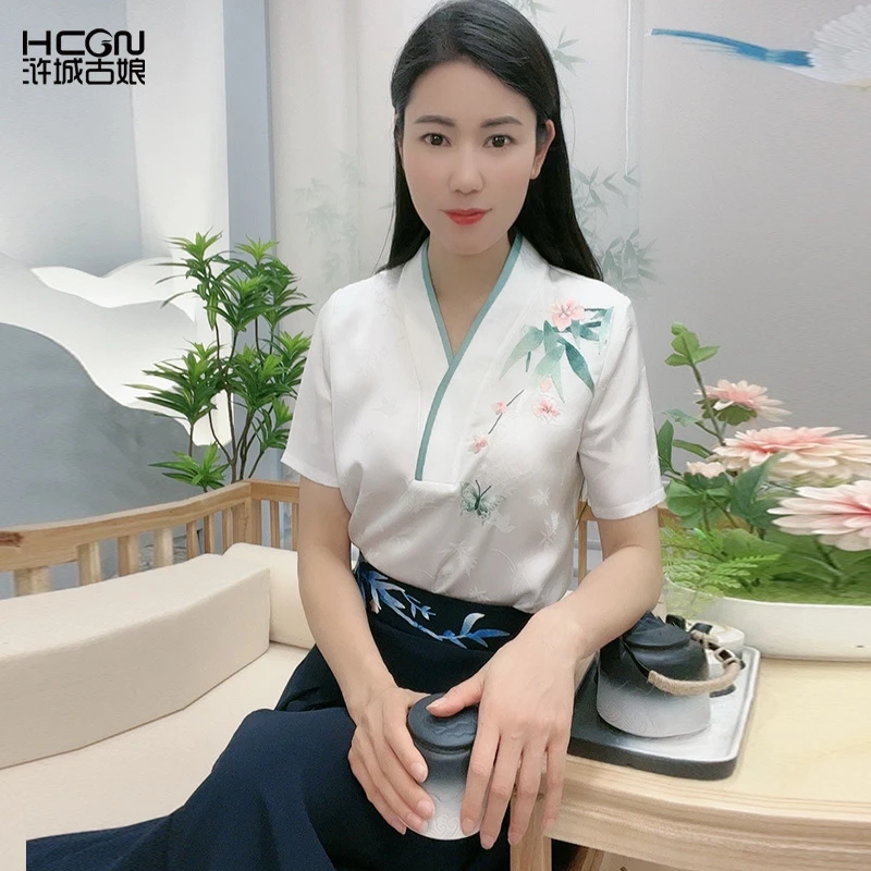 醋酸薄荷曼波刺绣花新中式舒适设计感V领短袖碧竹衬衫BMT18821