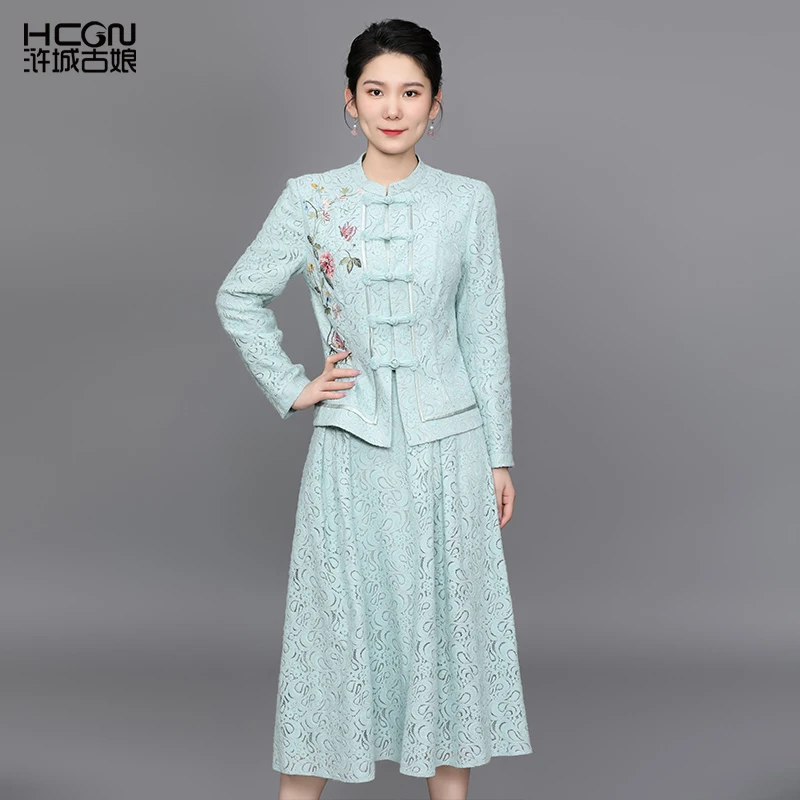 棉中国风秋季精致刺绣女百花蕾丝上衣半裙套装CMT18871+CMT19631