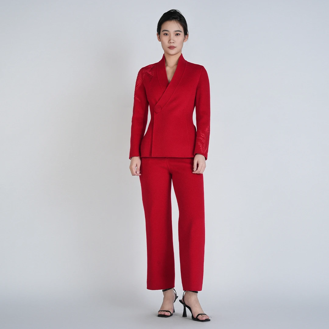 浒城古娘中式国风气质修身时尚鸾凤双面呢套装-21D18202+21D19178