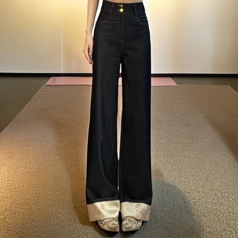 深圳南油！！新款新中式国潮风撞色缎面高腰垂感两粒扣窄版阔腿裤