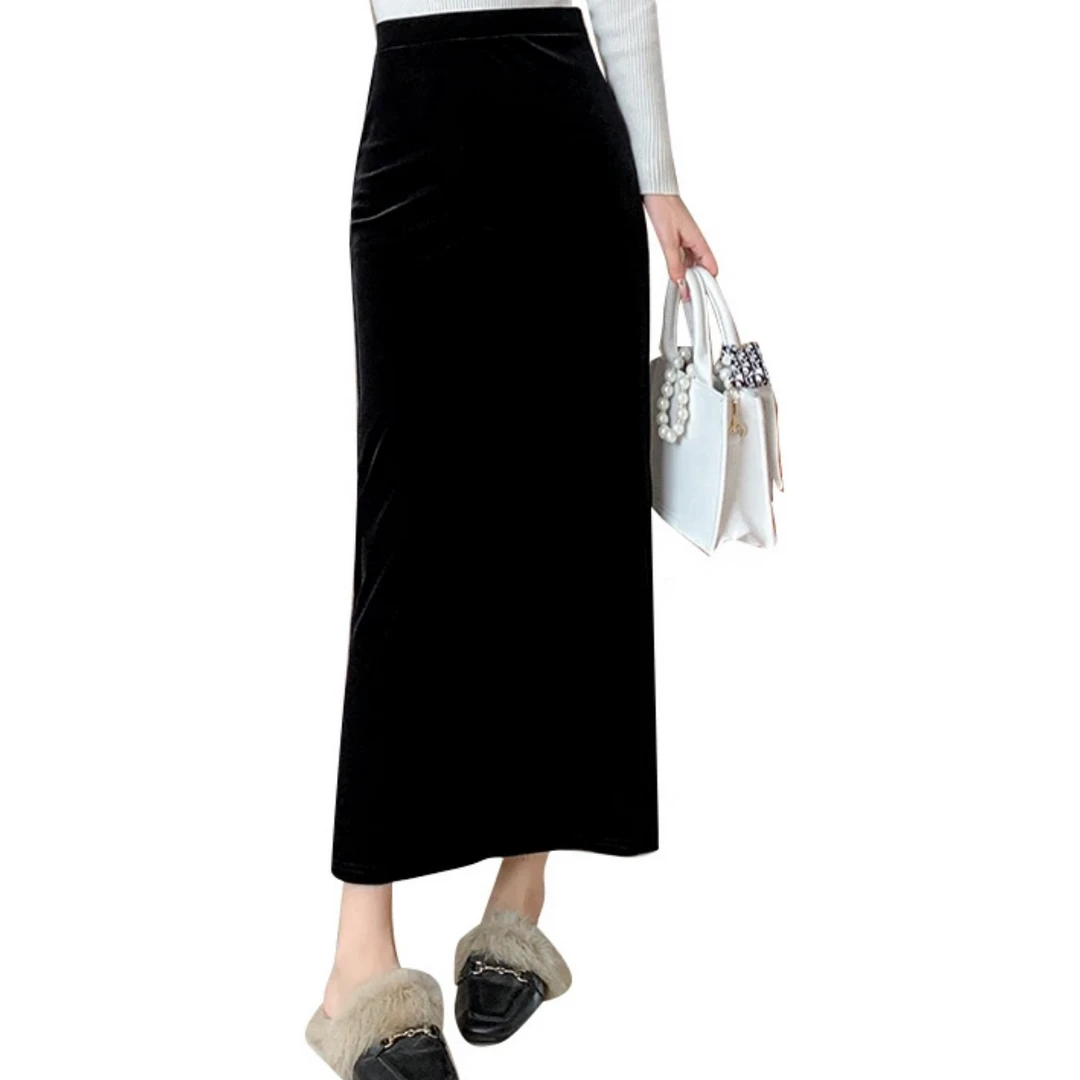 金丝绒半身裙新款女装复古黑色高腰开叉包臀裙显瘦一步中长裙子