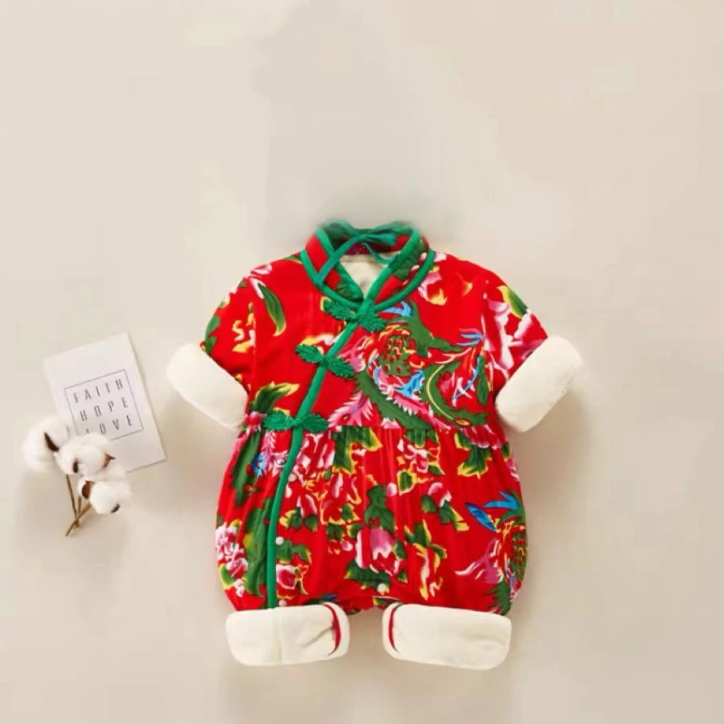 婴幼儿连体冬季东北大花偏襟棉哈衣婴儿喜庆周岁礼服拜年服外出服