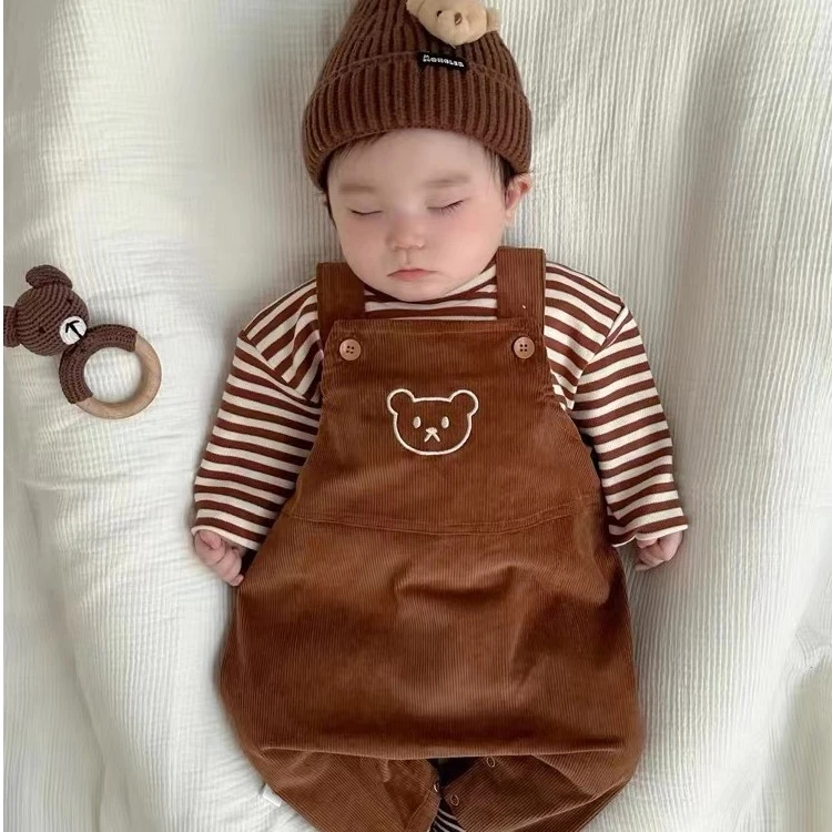 【粉丝专享】宝宝春季套装韩系简约条纹小熊背带套装婴儿春秋洋气