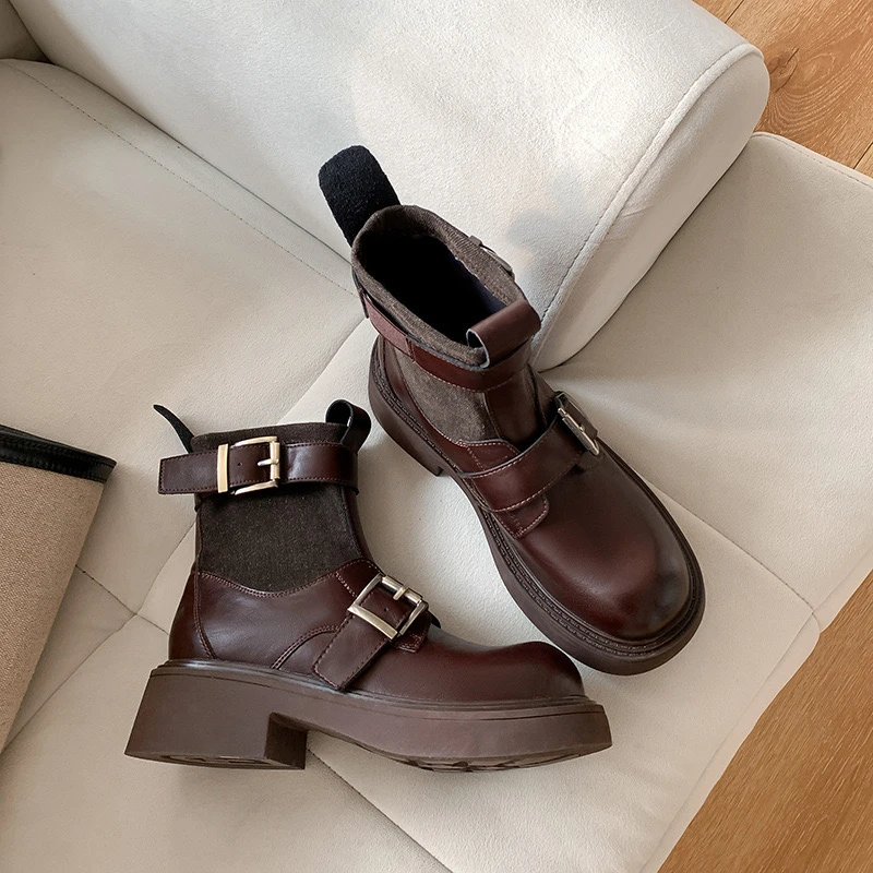 厚底马丁靴女2025年新款英伦风弹力瘦瘦靴西部袜靴圆头真皮短靴