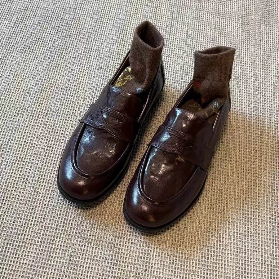 羊皮版~复古真皮一脚蹬懒人鞋女粗跟平底单鞋英伦风小皮鞋乐福鞋