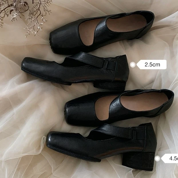 好穿不累脚~复古软皮方头粗跟软面芭蕾小皮鞋高跟单鞋女秋季新款