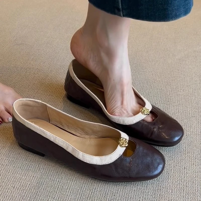 羊皮版！平底单鞋女法式复古山茶花浅口圆头小香风通勤玛丽珍鞋