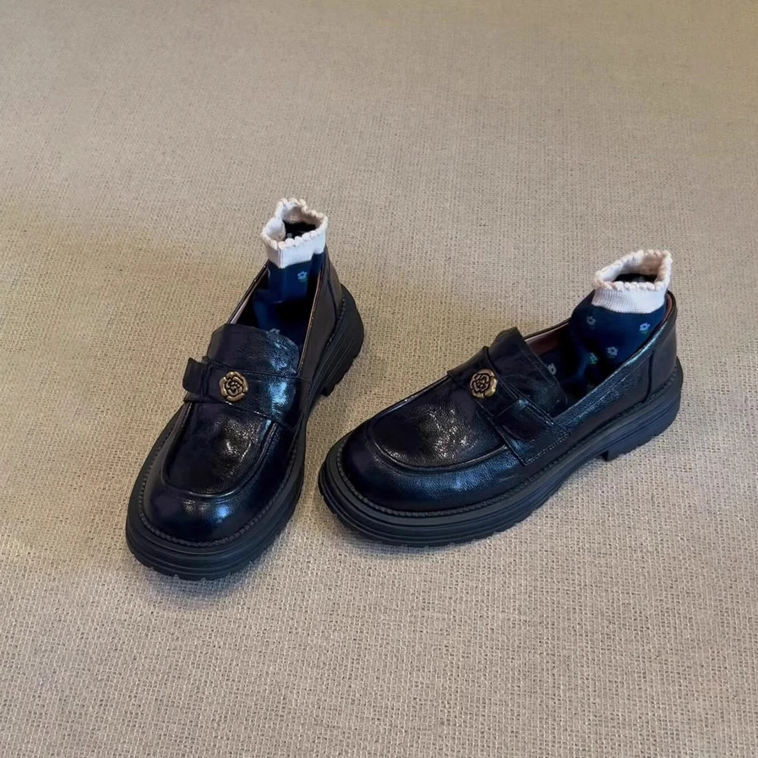 牛皮版~复古山茶花粗跟乐福鞋女真皮圆头一脚蹬英伦风厚底小皮鞋