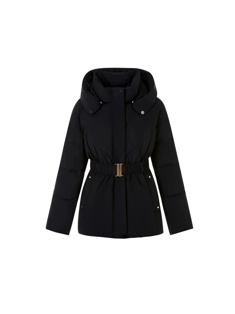 【W·A·N】时尚鹅绒服24年新款连帽收腰黑色羽绒服-LZ805B01