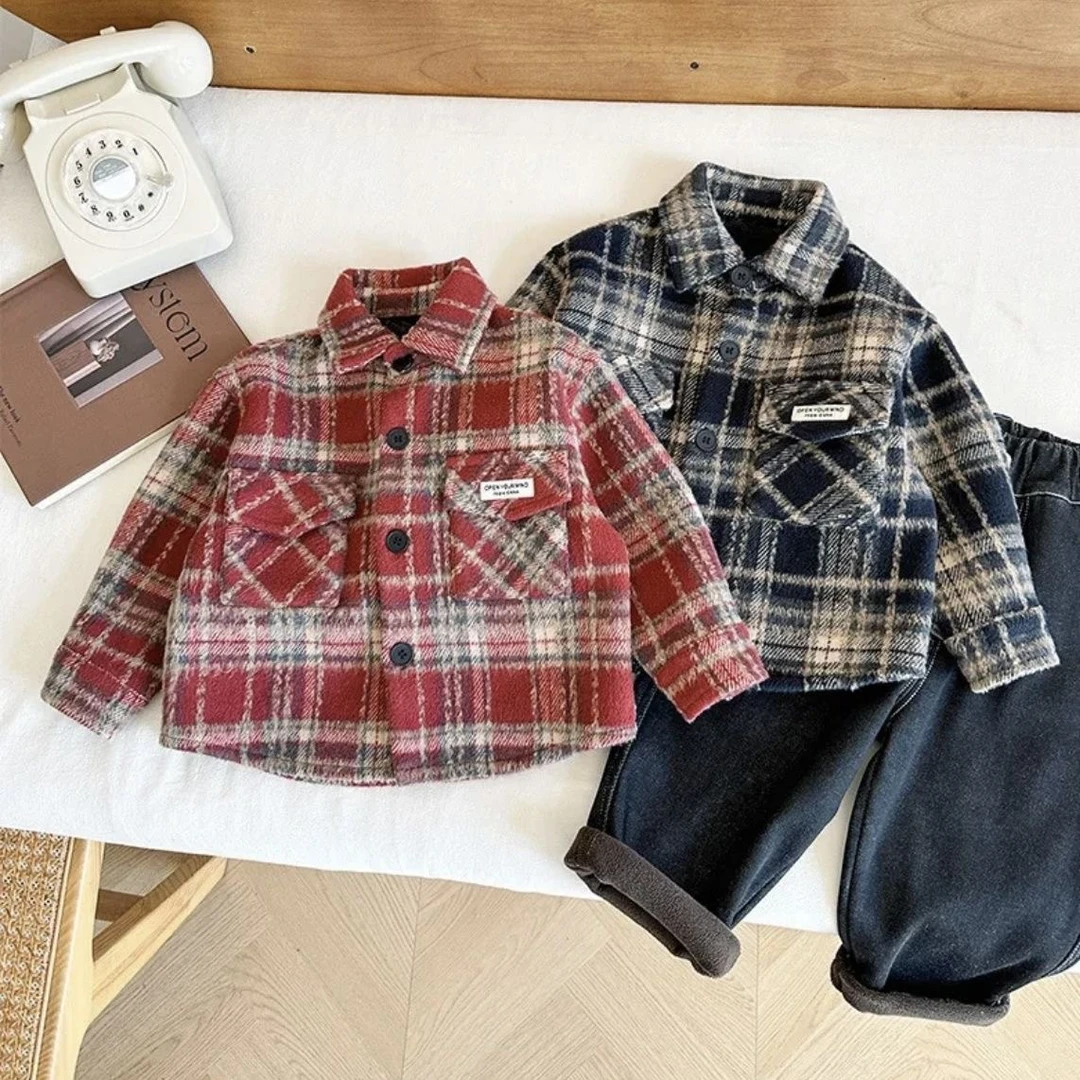 冬季韩版加绒款儿童长袖保暖洋气潮流格子衬衣