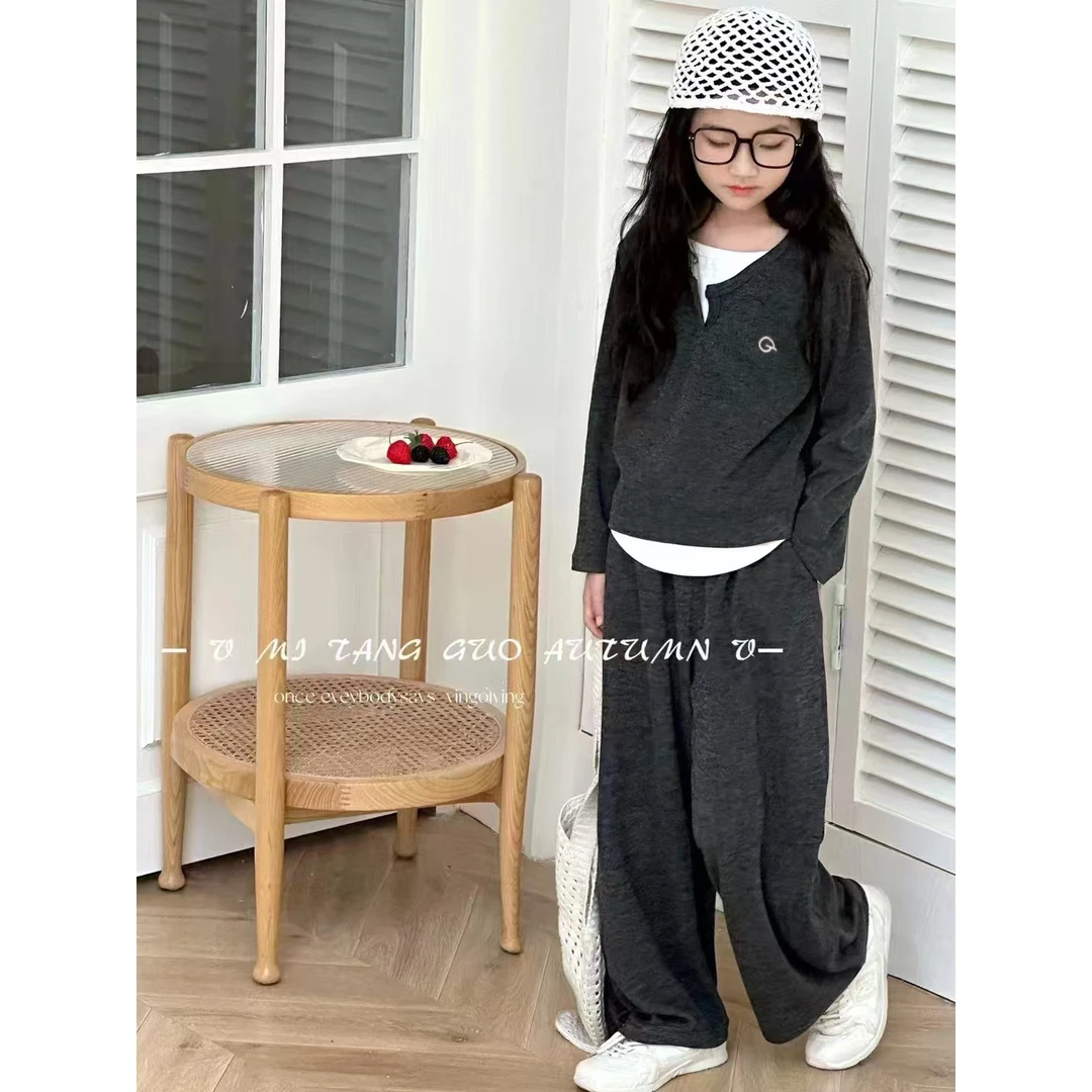 女童休闲套装软糯阔腿裤女童气质秋季新款修身长袖时尚百搭5255