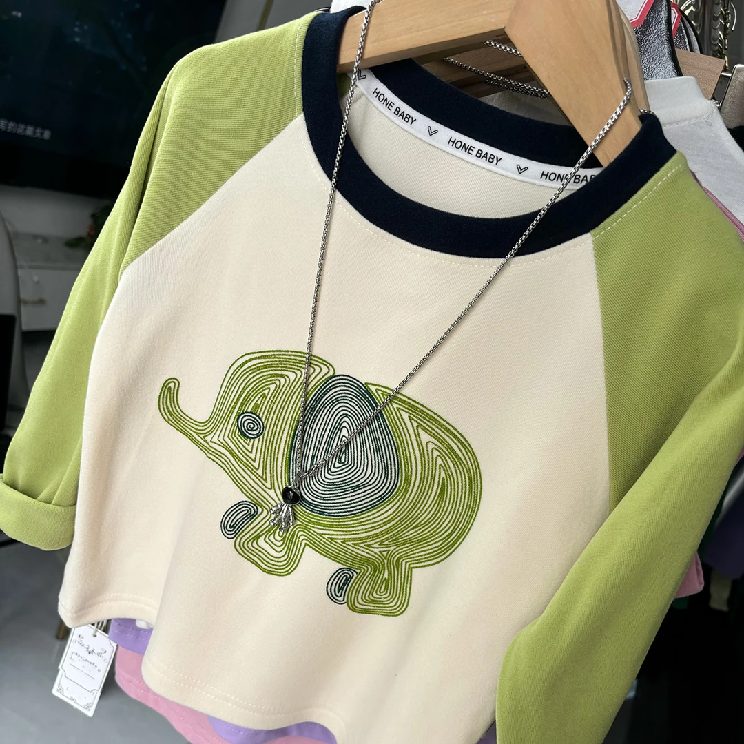 秋季儿童德绒长袖上衣插肩袖宝宝拼色印花圆领女孩6-12岁洋气卫衣