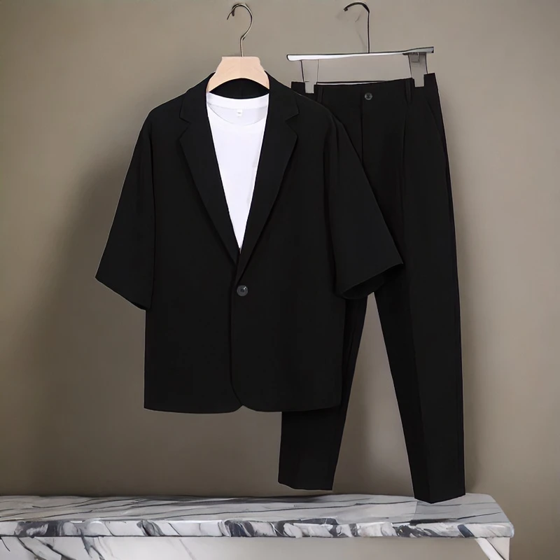 【三件套】夏季大码休闲西服套装男士轻熟风西装+内搭T恤+冰丝长裤