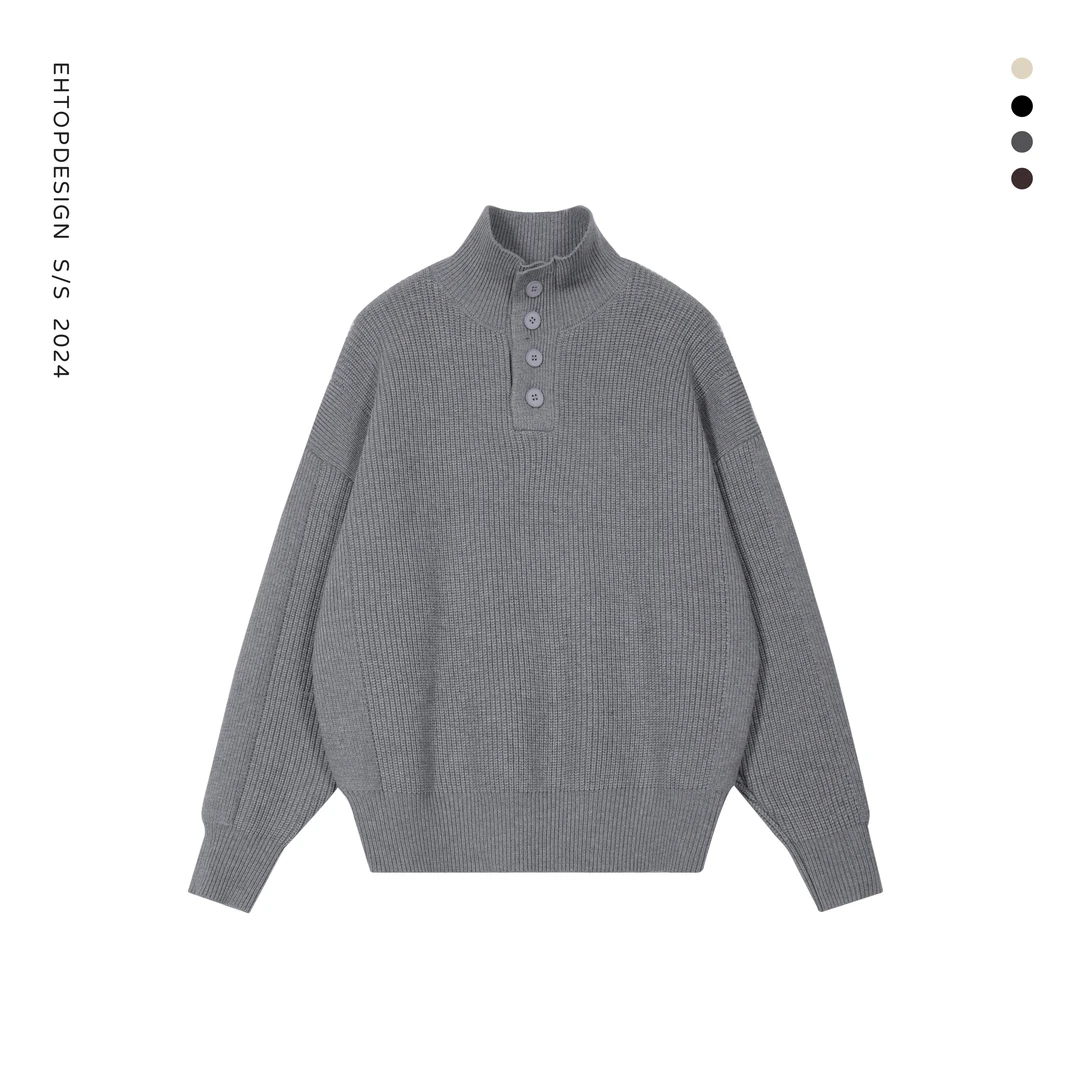 秋冬简约复古男女款纯色毛衣宽松百搭慵懒风高级感立领针织衫7759